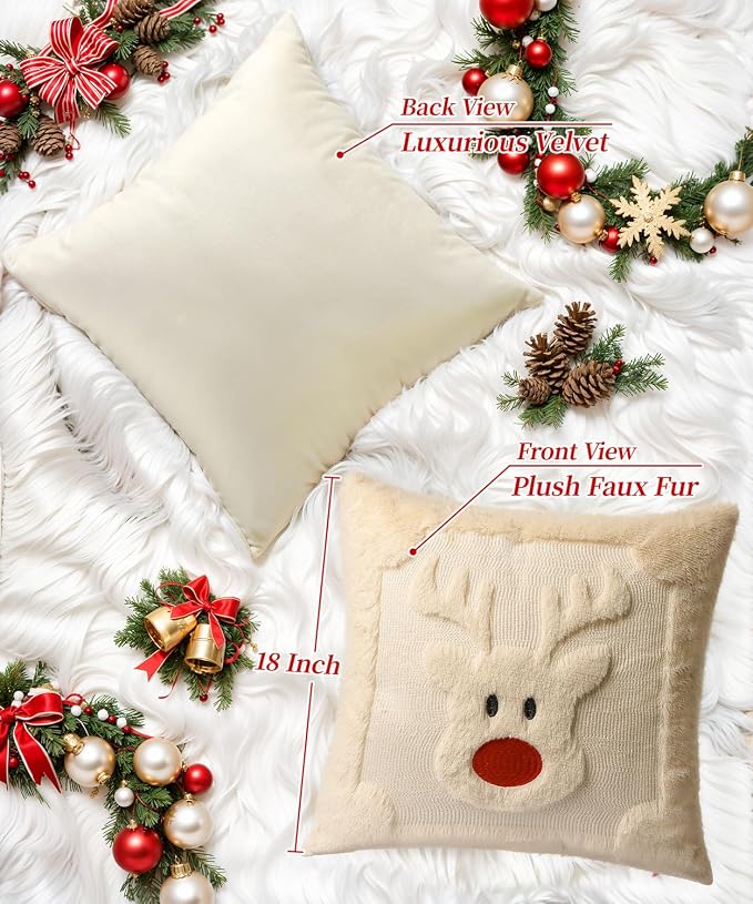Christmas Pillow Covers Set of 2 Soft Plush Faux Fur Pillow Cases 3D Embroidered Decorative Couch Cover Home Decor Christmas Throw Pillow Covers 18x18,Beige Reindeer