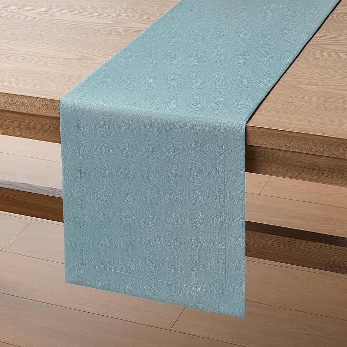 ZeeMart Linen Textured Border Table Runner, 14 x 48 Inch Blue | Mitered Corner Design, Medium Weight Fabric, Modern Farmhouse Style, Machine Washable Easy Care Everyday Table Scarf