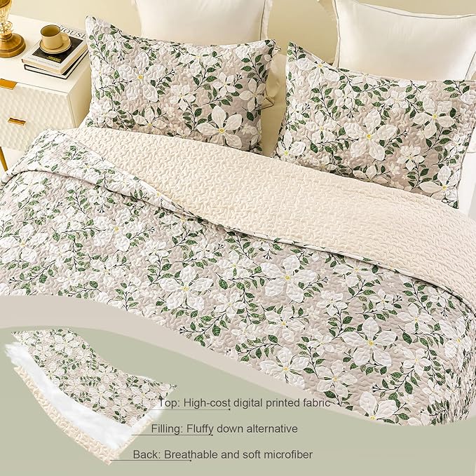 Whale Flotilla Patchwork Quilts Queen Size, Extra Soft Floral Bedspreads | Reversible Lightweight Full Queen Quilt Bedding Set for Bed, White Bone Printed Coverlets with 2 Pillow Shams for All Seasons
