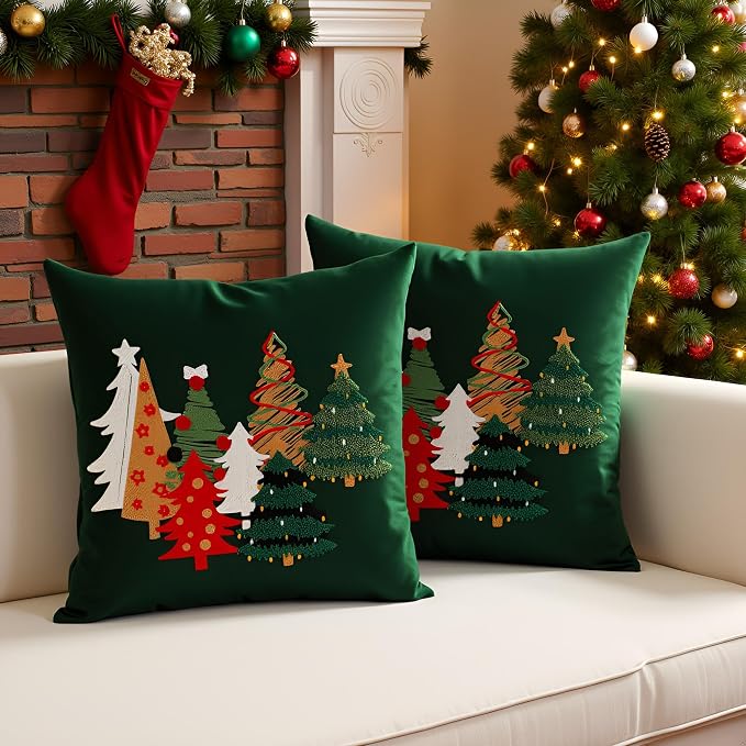 Christmas Throw Pillow Covers 18x18 Set of 2 Forest Green Tree