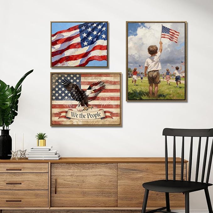 American Flag Framed Canvas Wall Art, 4th of July Patriotic Canvas Prints | Boy Holding USA Flag Poster Print, Modern Independence Day Wall Decor for Living Room Kids Room Dining Room Office 8×10in