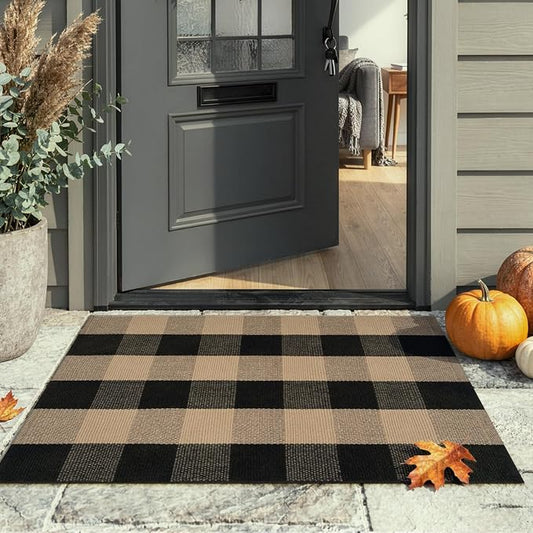 LEEVAN Buffalo Plaid Front Porch Rug, 2x3 Small Checkered Outdoor Rug | Black and Tan Washable Woven Door Mat, Neutral Welcome Layered Doormats for Farmhouse Kitchen/Bathroom/Patio/Entryway
