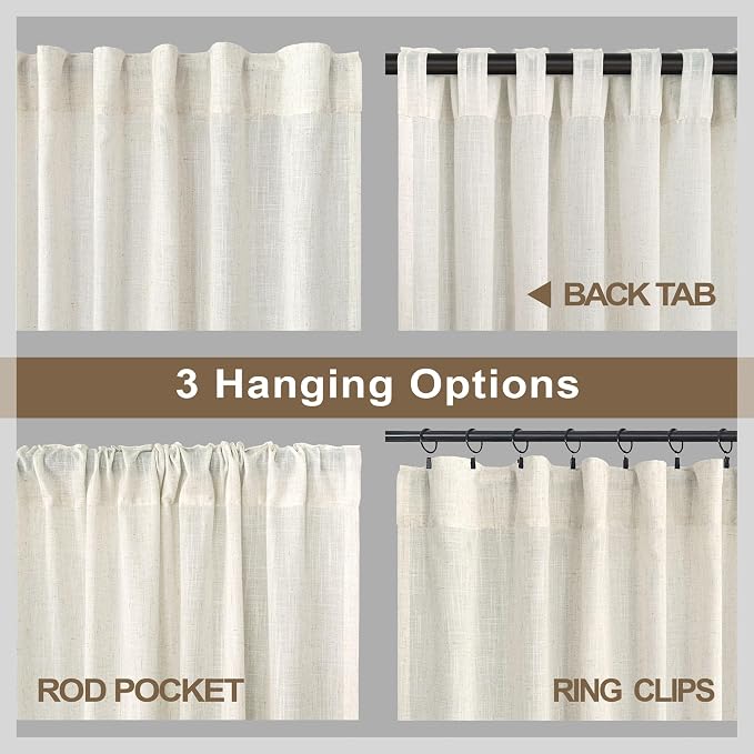 Natural Linen Semi Sheer Curtains 45 Inch Length 2 Panels Light Filtering Neutral Window Curtains for Bedroom Farmhouse Boho Kitchen Back Tab Rod Pocket Panels Ivory Cream Colored 36 x 45 Inches Long