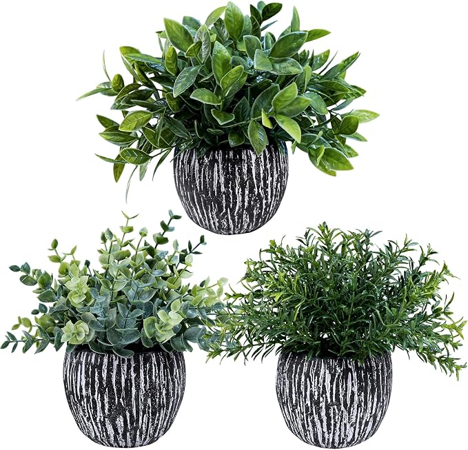 Winlyn Set of 3 Artificial Potted Plants Faux Eucalyptus Rosemary Boxwood Greenery in Black & White Concrete Pots Small Fake Plant for Indoor Outdoor Home Office Table Shelf Windowsill Greens Décor