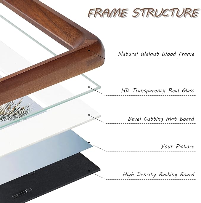 5x7 Picture Frame with Mat for 4x6, USA-Sourced Natural Walnut Wood Handcrafted Rounded Corner with Real Glass, Vertical or Horizontal Display Photo Gallery Wall & Tabletop Frame