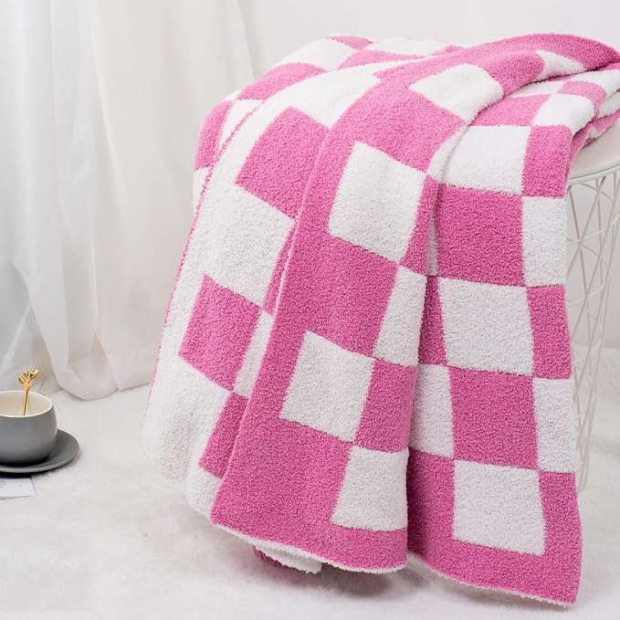 Carriediosa Checkered Throw Blanket 50x60, 400GSM Ultra Soft Microfiber | Hot Pink, Fuzzy Fluffy Cozy Plush Knit Knitted Plaid Checker, Lightweight Cute Preppy Fall Blankets & Throws for Couch, Bed