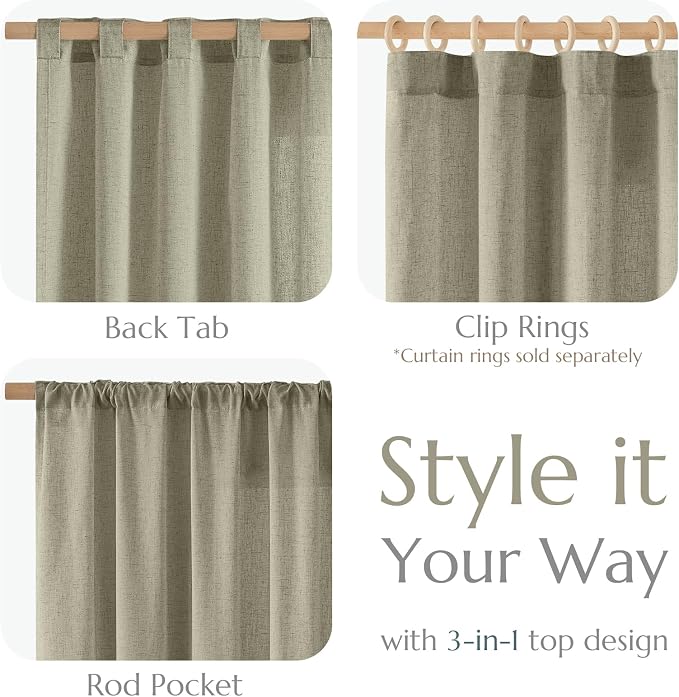 jinchan Linen Curtains Light Filtering Back Tab 50x84 Inch 2 Panels Green | Semi Sheer Curtains 84 inch length for Bedroom Living Room, Modern Farmhouse Drapes with Rod Pocket, Natural Boho Curtains