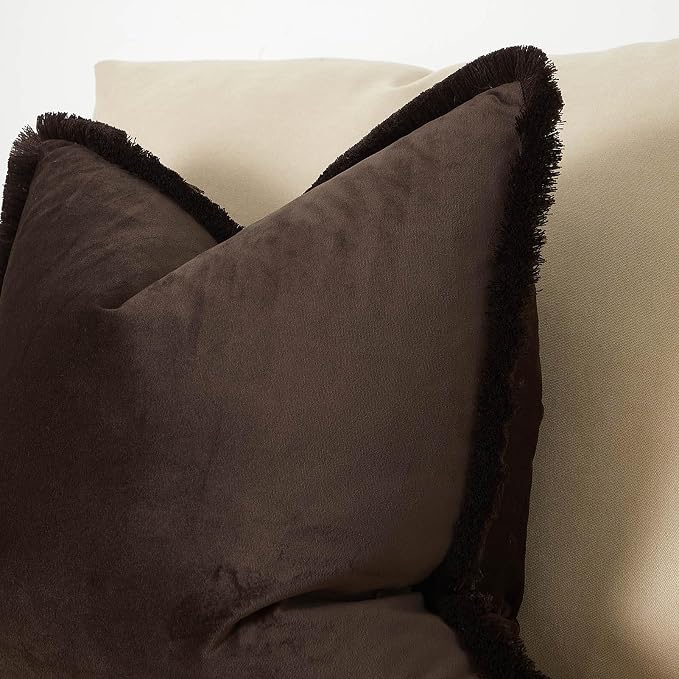 JUSPURBET Pack of 2 Coffee Decorative Fringe Velvet Throw Pillow Covers 16x24 for Home Decor Living Room Bedroom Car Boho Soft Cushion Cover with Hidden Zipper Machine Washable