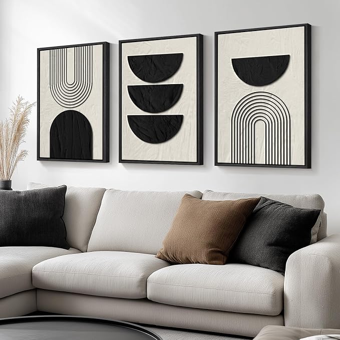 Large Framed Boho Neutral Abstract Wall Art, 3 Piece Canvas Prints 24x36 In | Black and Beige Geometric Pictures, Farmhouse Paintings, Vintage Artwork, Wood Frames, Living Room Office Bedroom Wall Decor