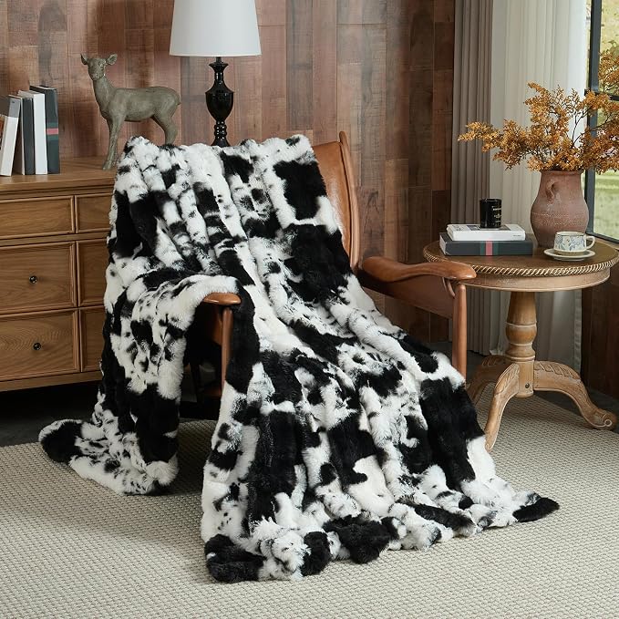 Lotus Karen Faux Fur Throw Blanket Cow Print-Black, Fluffy Fuzzy Plush Bubble Blanket for Couch, 90x90 InchesCozy Shaggy Rabbit Blanket, Luxury Decorative Gifts for Sofa Bedroom Living Room.