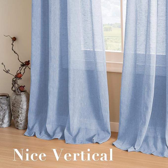 H.VERSAILTEX Linen Curtains Natural Blended Curtain Panels for Living Room/Light Reducing Linen Semi Sheer Curtains 96 inch Length 2 Panels Set Nickel Grommet Window Panels, 52" x 96", Chambray Blue