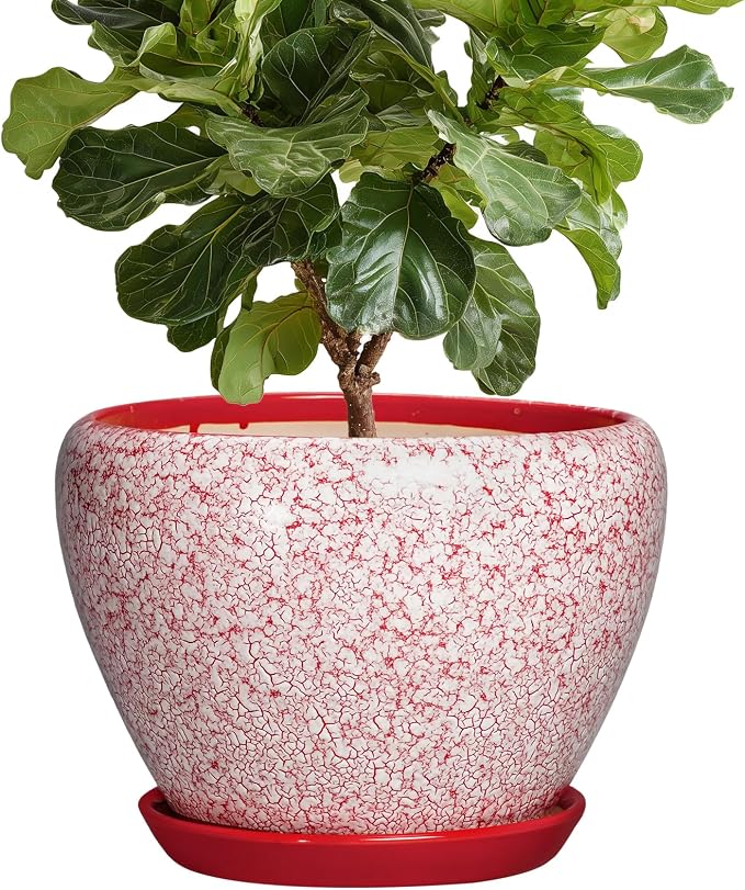 10 Inch Pots for Plants, Ceramic Planter Pots, Crackle Red | Decorative Planter with Drainage Hole and Saucer, Modern Flower Pot for Indoor Plants, House Decor, Plant Lover Gifts