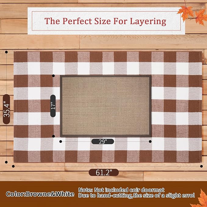 Buffalo Plaid Area Rug 3x5 Ft, Brown White Indoor Outdoor Rug | Cotton Blend, Brown White Checkered, Machine Washable, Front Porch Entryway, Kitchen Bathroom