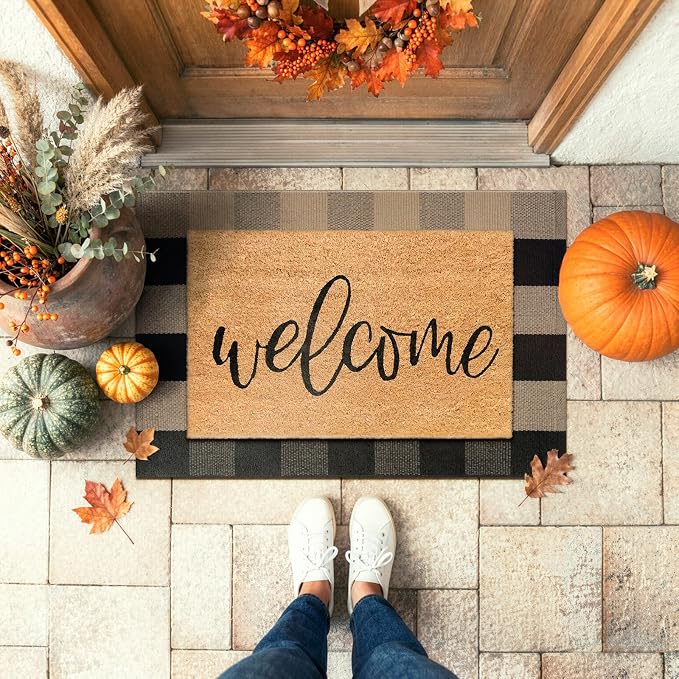 LEEVAN Buffalo Plaid Front Porch Rug, 2x3 Small Checkered Outdoor Rug | Black and Tan Washable Woven Door Mat, Neutral Welcome Layered Doormats for Farmhouse Kitchen/Bathroom/Patio/Entryway