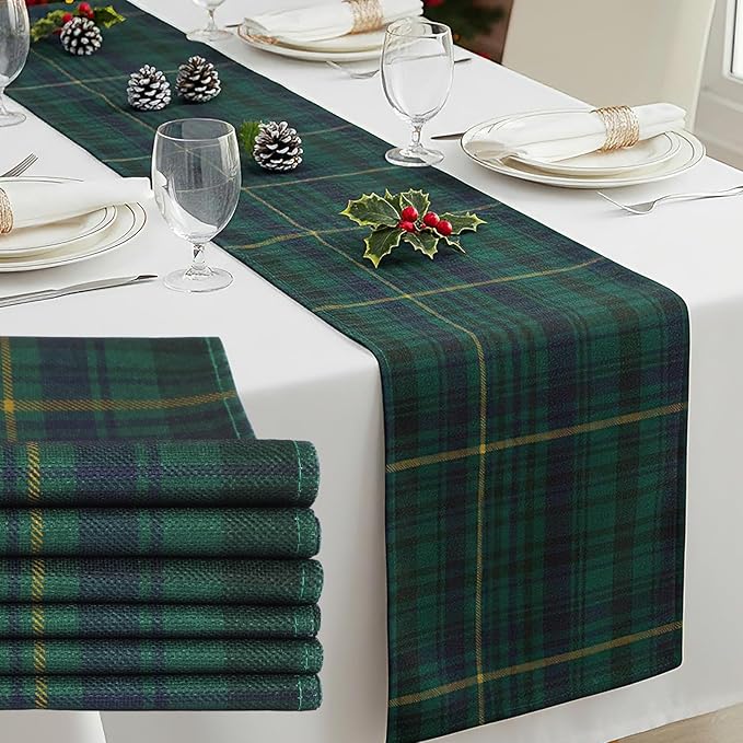 Gilprop 6 Pcs 72 x 13'' Tartan Plaid Table Runner Green and Blue | Vintage Bear Babyshower Birthday Party Dining Decor, Checkered Cloth for Home Kitchen Farmhouse, Reusable Fabric Sets