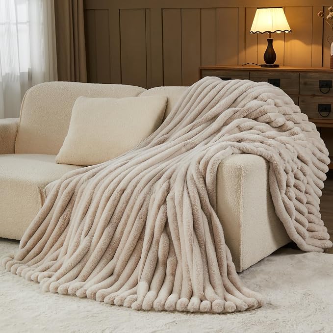 NEWCOSPLAY Faux Fur Ribbed Throw Blanket for Couch, Linen, 50"x60" | Plush Soft Thick Warm Blanket for Couch Sofa Bed 850GSM, Fluffy Cozy Luxury Decorative Throw, Gift for Women Men