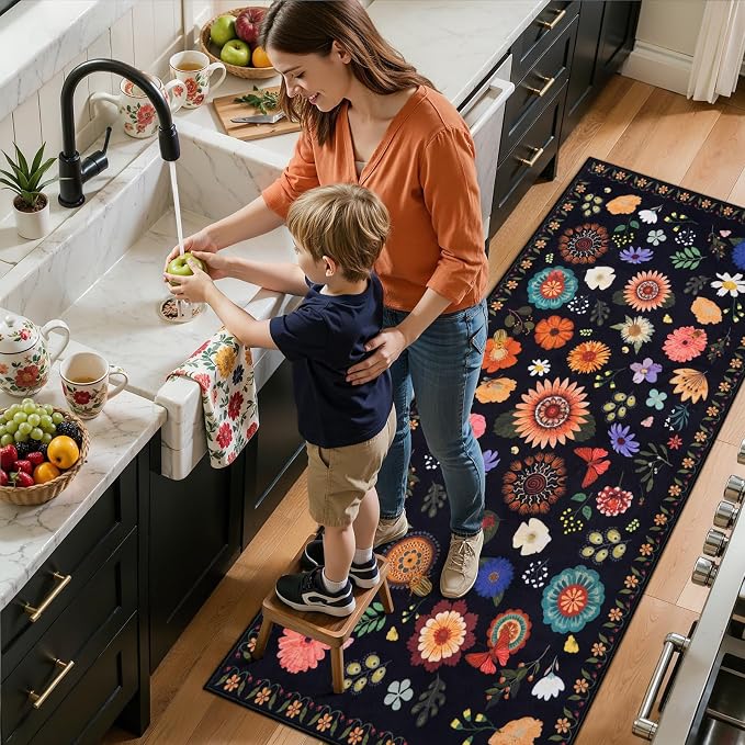 Ciicool 2x6 Runner Rug Non Slip，Floral Washable Kitchen Rugs for Hallways | Entryway Rug for Laundry Bedroom Bathroom Bedside,Boho Soft Low Pile Carpet Indoor Floor Mat Decor
