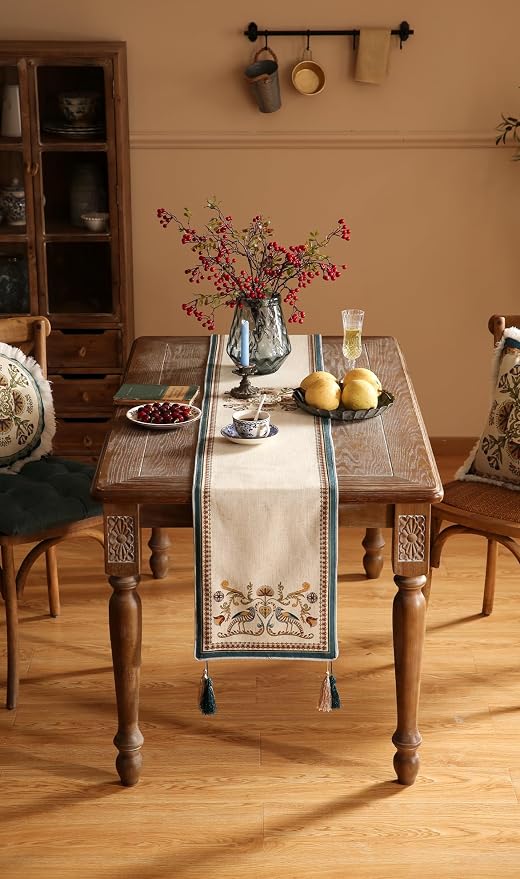 Patdrea Designer Vintage French Linen Table Runner,12"X102"-Wensel E | Elegant Tablerunner 102 Inches Long,Colorful Floral Pattern,Thanksgiving Dining Table Decor for Living Room Banquet
