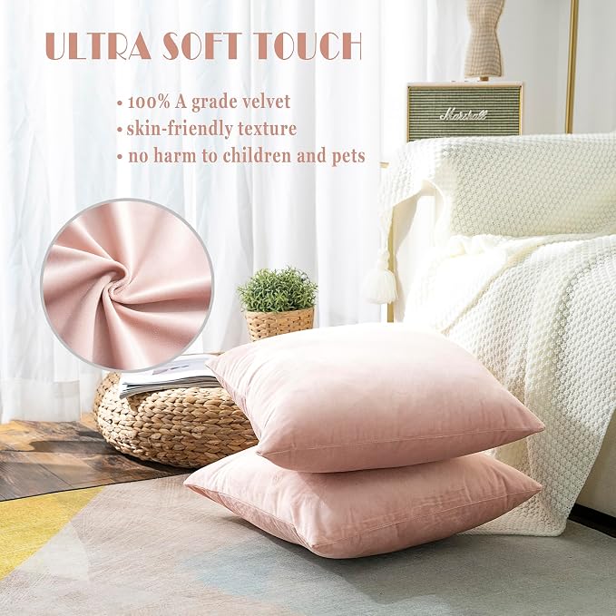 Stellhome Pack of 2 Velvet Pillow Covers Square Decorative Cushion Covers for Bed Couch Sofa Bench, 24 x 24 inch (60 x 60 cm), Light Pink