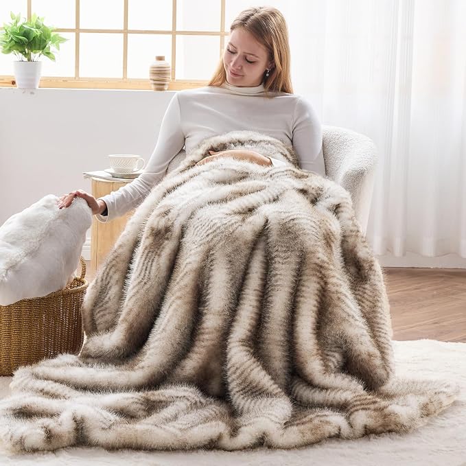 NEWCOSPLAY Faux Fur Thick Twin Blanket for Couch,Stripe Light Grey,60"x80" | Luxury Fluffy Thick Warm Blanket for Couch Sofa Bed 1000GSM, Soft Plush Cozy Decorative Throw, Gift for Women Men