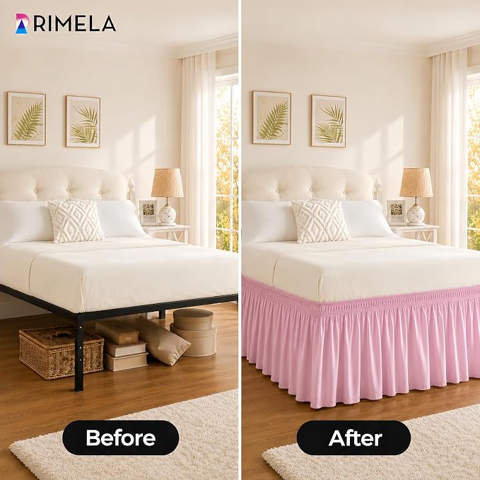 Dusty Pink Bed Skirt Queen Size 15" Drop, Elastic Wrap Around Bedskirt | Solid Ruffled, Easy to Use, No Mattress Lifting, Wrinkle & Fade Resistant, with Adhesive Strips, Machine Wash/Dry/Iron
