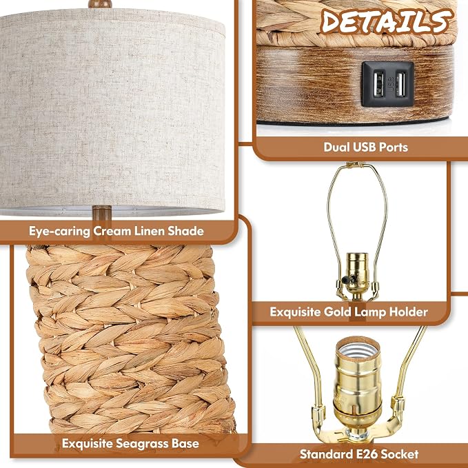 27Inch Tall Rattan Table Lamps Set of 2 for Living Room with 2 USB Ports