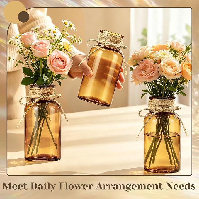 Mason Jar Glass Vases 6 Pack, Amber Flower Vase for Centerpieces | Rustic Farmhouse Home Decor, Bud Vase with Twine, Wedding Table Decoration, Boho Floral Arrangement, Vintage Jars Bulk