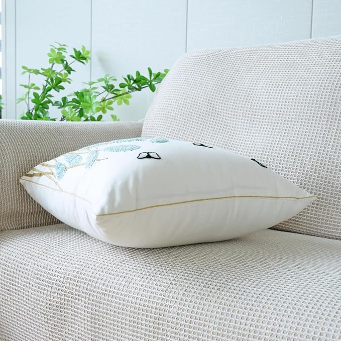 vctops Farmhouse Pampas Grass Cotton Tufted Throw Pillow Cover Boho Embroidery Pillowcase Soft Square Cushion Case for Sofa Couch Bed Chair (Blue C,18"x18")