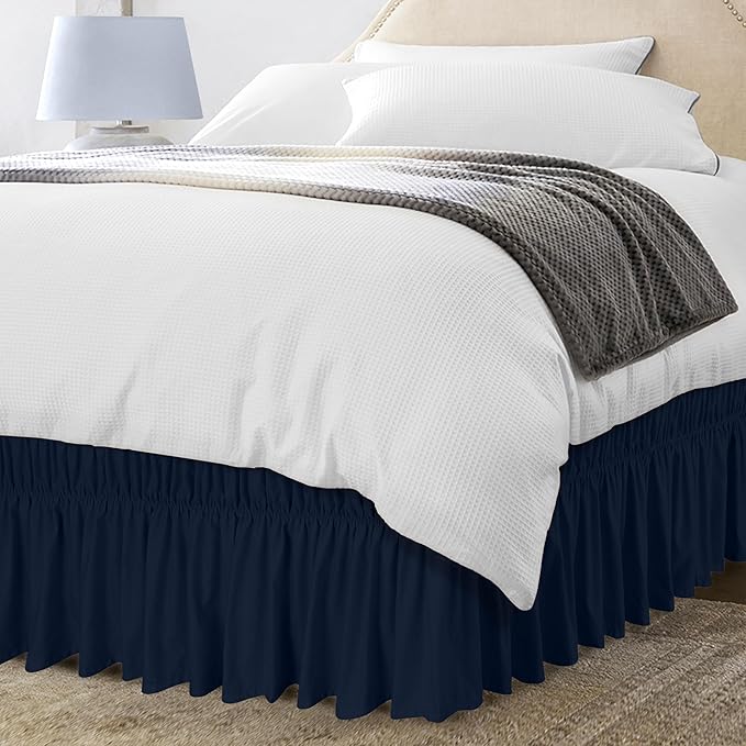 Wrap Around Queen Bed Skirt, Easy Fit Elastic Belt, 16 Inch Drop, Navy | No Mattress Lifting, Stay-Put Design, Adjustable Buckle & Elastic Belt, Wrinkle & Fade Resistant, Brushed Microfiber