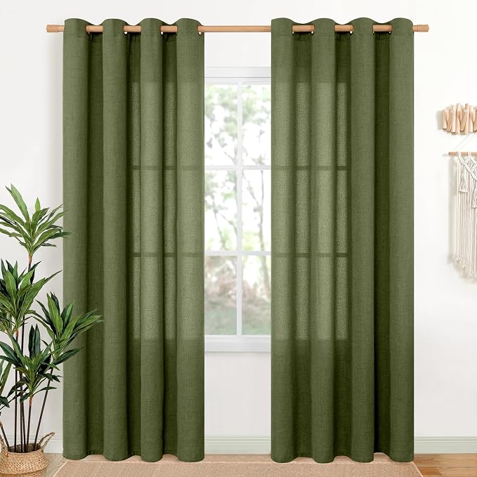 YoungsTex Olive Green Linen Semi Sheer Curtains 80 Inch Length 2 Panels | Light Filtering Drapes with Bronze Grommet Textured Privacy for Bedroom Living Room Decorative, 52 x 80 Inch