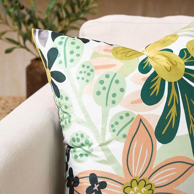 Tyrot Boho Floral Velvet Throw Pillow Covers 18x18 Inch Set of 2 Farmhouse Cushion Covers Mid Century Modern Botanical Home Decor Accent Pillow Cases for Couch Bed Sofa Living Room, Bedroom, Green