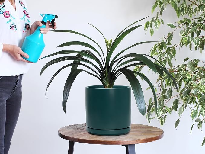 D'vine Dev 8 Inch Ceramic Planter Pot, Teal, 94-O-D-9 | Modern Cylinder Design, Drainage Hole & Saucer Included, Stable Structure, Elegant Home Accent