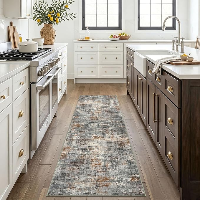 Lansny Abstract Washable 2x6 Hallway Runner Rug Non Slip Kitchen Runner | Grey/Multi;Thin Printed Faux Wool Rug Runners;Entryway Runner Indoor;Rubber Backed 6ft Carpet Runners for Hall;Bedroom Runner