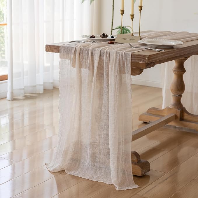 10Pcs Light Beige Cheesecloth Table Runner 120 Inches for Party Home Decor | For Wedding Baby Shower Bridal Shower Birthday Engagement Party 10FT Rustic Boho Home Decorations