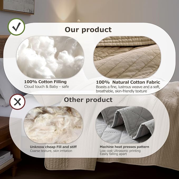 palassio Striped Dark Beige 100% Cotton Quilt King Size Bedding Sets, Lightweight Crinkly Channel Pick Stitch Textured Bedspread Soft Shabby Chic Farmhouse Country Coverlet for All Season, 2 Shams