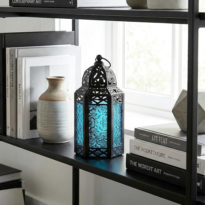 Vela Lanterns Decorative Indoor Moroccan Candle Table Centerpieces, Blue, S | Moroccan Lamp, Hurricane Glass Candle Holder, Patio Porch Decor, Arabian Nights Ramadan Centerpiece, Set of 2