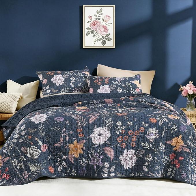 Litanika Floral Dark Blue Quilt - 3Pcs Botanical Birds Pattren Bed Set | Super King Plus Bedspread Summer Lightweight Soft Coverlet with Pink Flower for All Seasons(128"x120")