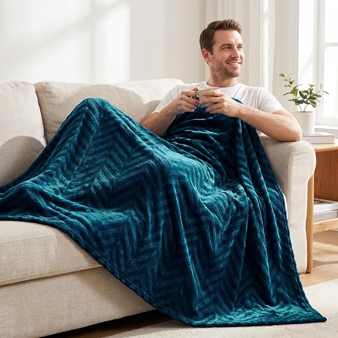 Whale Flotilla Flannel Fleece Throw Blanket for Couch, Teal | Lightweight Breathable Soft Sofa Throws, Plush Fluffy Chevron Design Decorative Blankets for All Season, 50x60 Inch