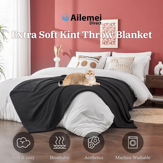 Ailemei Direct Knit Throw Blanket for Bed, Soft Thin Blankets for Sofa, Couch, Camping, Office Chair, Cozy Touch Lightweight Breathable Blanket All Season Use, Ash Black 50"x70"