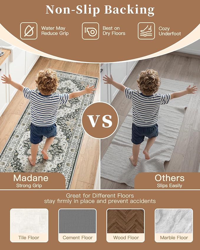 Madane Washable Kitchen Rug Set of 3 Small Area Rugs Non-Slip, Black | Vintage Hallway Entryway Door Mat Indoor Entrance Low Pile Floor Carpet Runner for Inside Front Entry Laundry 2x3+2x4+2x5