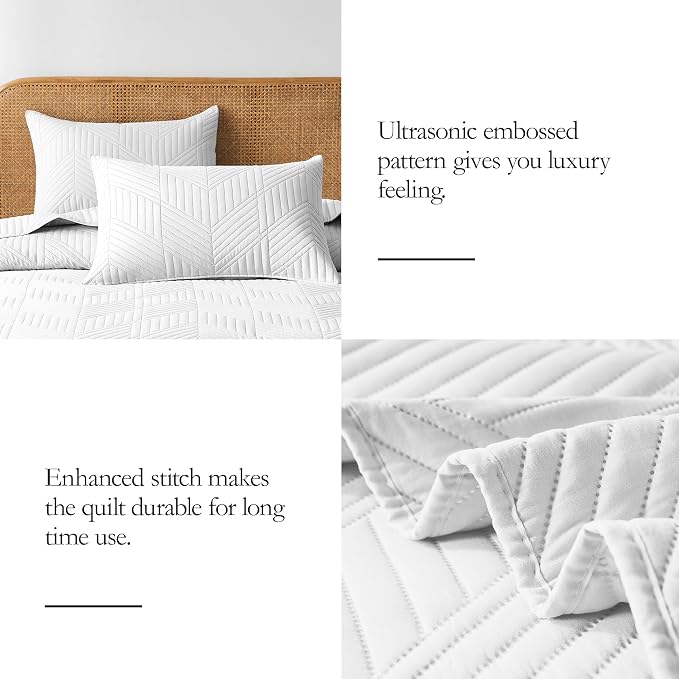 Davulos Twin Quilt Bedding Set,White Ultrasonic Quilt Set Reversible Microfiber Bedspread,Lightweight Soft Modern Geometric Coverlet Set for All Seasons(1 Quilt,1 Pillow Sham)