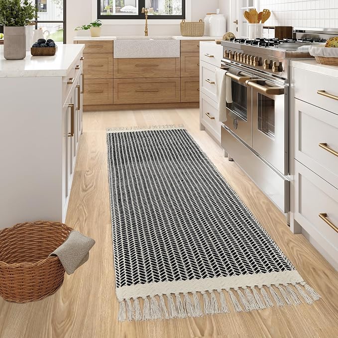 Lahome Boho Bathroom Runner Rug, 2x6 Washable Rugs for Kitchen Hallway | Woven Cotton Laundry Room Throw Carpet with Tassels, Farmhouse Decor Black Non Shedding Lightweight Mat for Entryway Bath
