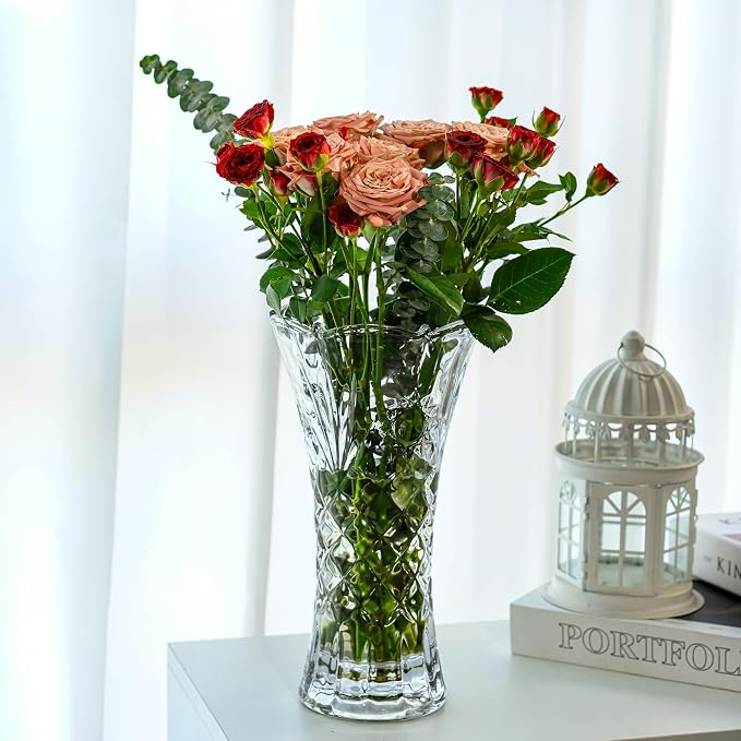 11.2'' Tall Vase for Flowers Thickened Crystal Vase Clear Glass Vases | 1 Piece Crystal Flower Vase for Bouquet Decorative Vase for Living Room Dining Table Centerpiece Home Decor Housewarming Gift