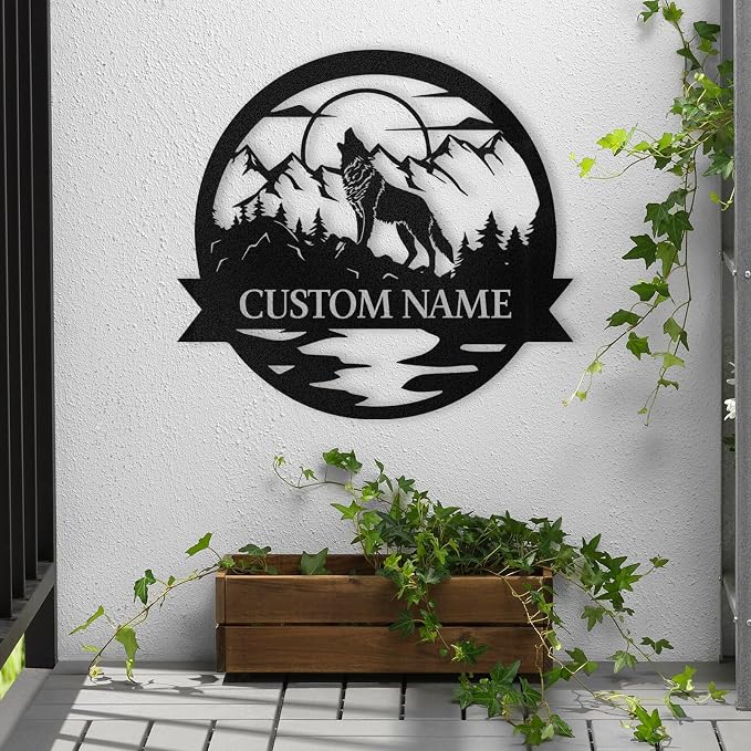 Dyoart Personalized Wolf Wall Art, Custom Last Name Sign | Black Wolf Wall Decor, Metal Wall Art for Home, Wolf Sign for Modern Home Hanging Decorations, Housewarming Gifts