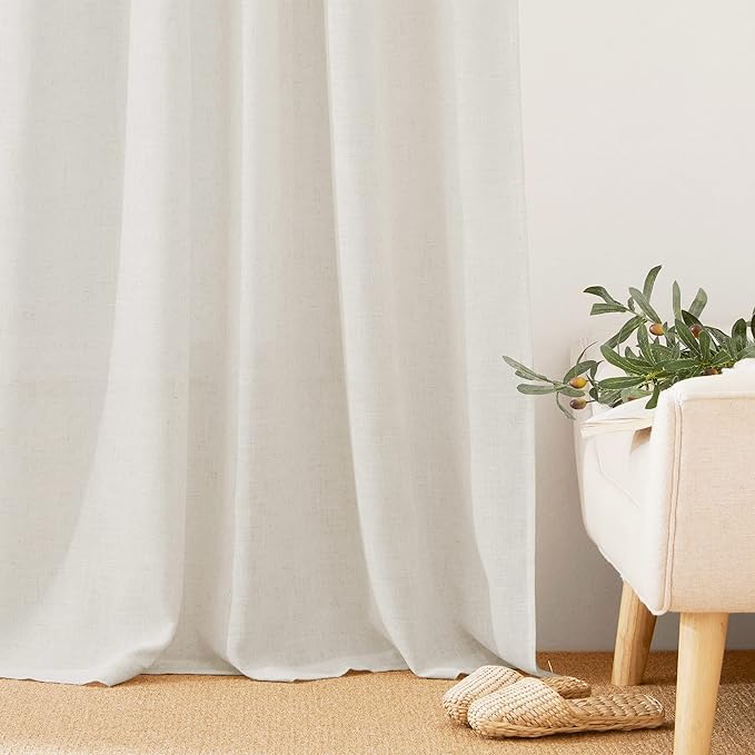 RYB HOME Light Filtering Linen Sheer Curtains 72 inch Long for Farmhouse | Linen Blend Burlap, Semi Transparent, UV Protection, Dorm Laundry Room, Rod Pocket & Back Tab, W52 x L72, Linen, 2 Panels