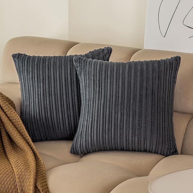 Kevin Textile Striped Corduroy 18”x18” Pillow Covers 2 Pack, Dark Grey