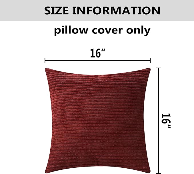 Home Brilliant 16x16 Pillow Covers Super Soft Corduroy Decorative Throw Pillows Cover 40x40 cm Dark Red Velvet Throw Pillows for Couch Sofa Living Room Bedroom, 16 x 16 Inch, Burgundy