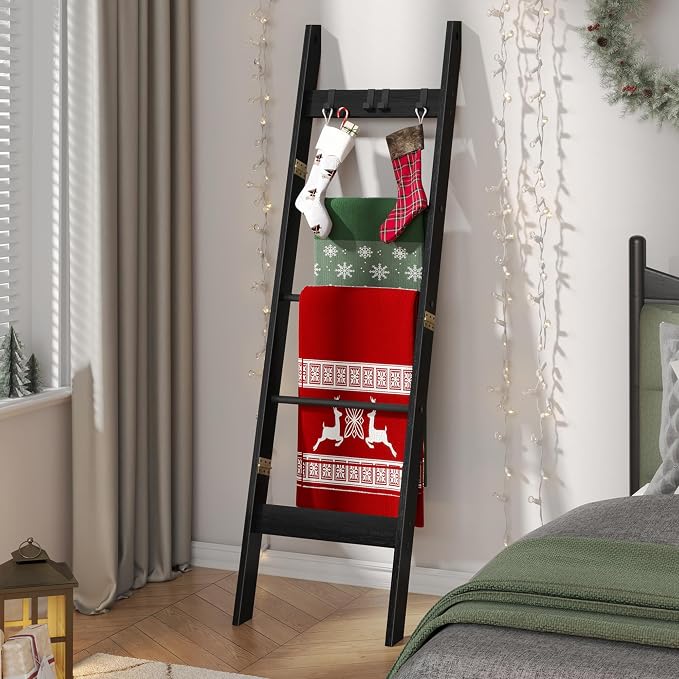 Hzuaneri Blanket Ladder Decorative Quilt Rack with 4 Removable Hooks | 5-Tier Farmhouse Ladder Holder Shelf Organizer for Living Room Bedroom, Black BR02104B