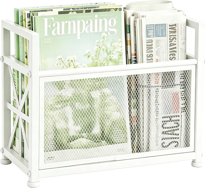 Large Magazine Rack Floor Stand, Metal White Magazine Holder Floor,14" Mesh Magazine File Holder Storage Basket Shelf Box Bin Folder Organizer for Magazines, Books, Newspapers, Tablets