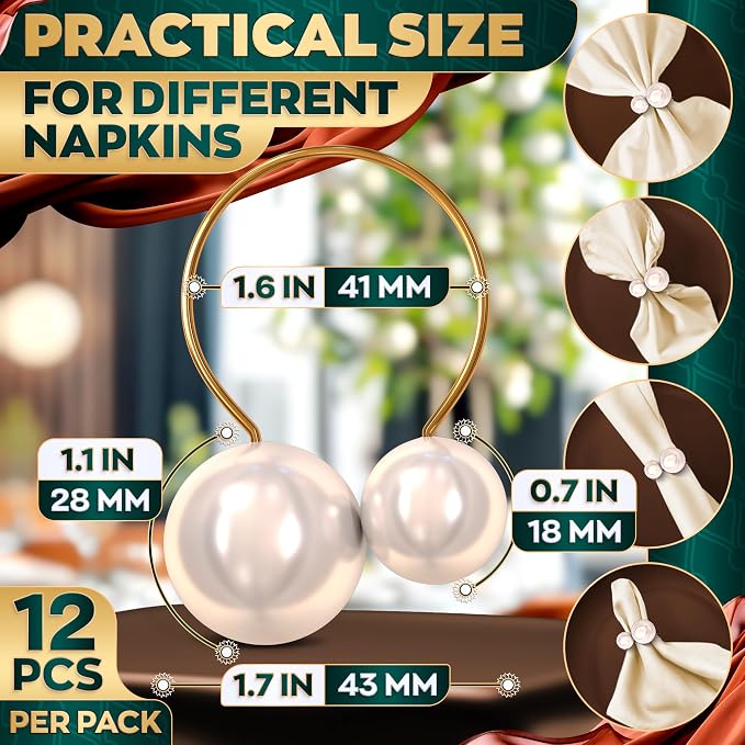 Pearl Napkin Rings Set of 12, Gold Metal Holders for Dining Tables | Faux Pearl Holders Dress Up Dining, Wedding, and Party Tables - Each Ring Slides On to Fit Rolled or Folded Napkins Neatly